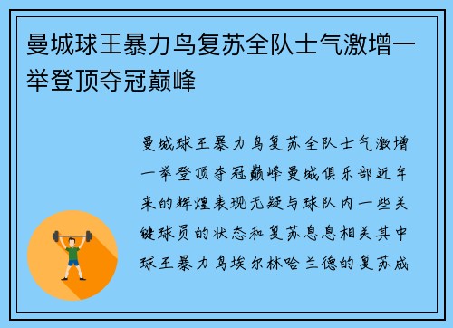 曼城球王暴力鸟复苏全队士气激增一举登顶夺冠巅峰