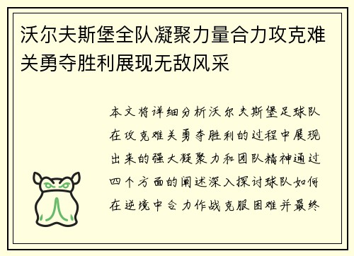 沃尔夫斯堡全队凝聚力量合力攻克难关勇夺胜利展现无敌风采