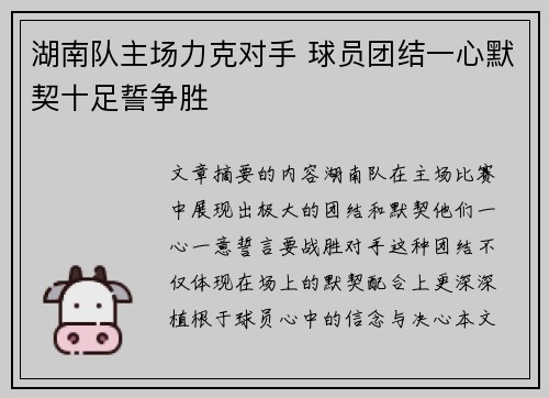 湖南队主场力克对手 球员团结一心默契十足誓争胜