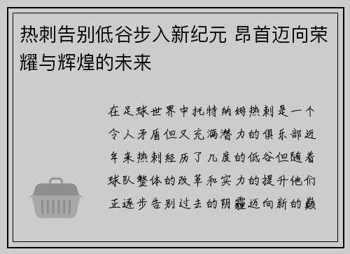 热刺告别低谷步入新纪元 昂首迈向荣耀与辉煌的未来