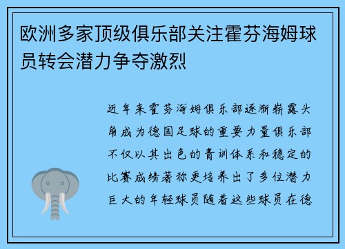 欧洲多家顶级俱乐部关注霍芬海姆球员转会潜力争夺激烈