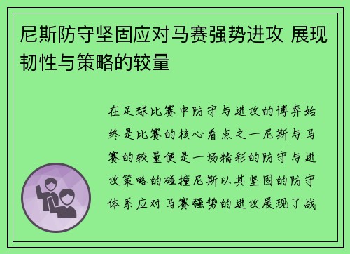 尼斯防守坚固应对马赛强势进攻 展现韧性与策略的较量